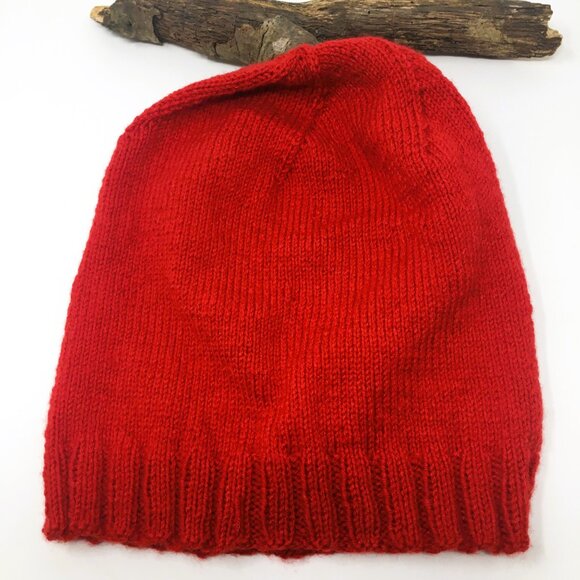 Handknitted Tomato Red Ribbed Edge Unisex Slouchy Hat - Picture 11 of 14